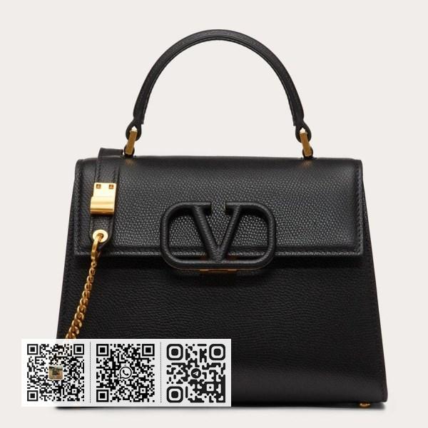 Valentino 小号黑色粒面小牛皮 Vsling 手提包