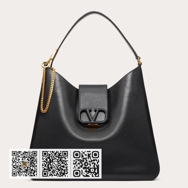 Valentino Vsling 黑色粒面小牛皮 Hobo 包