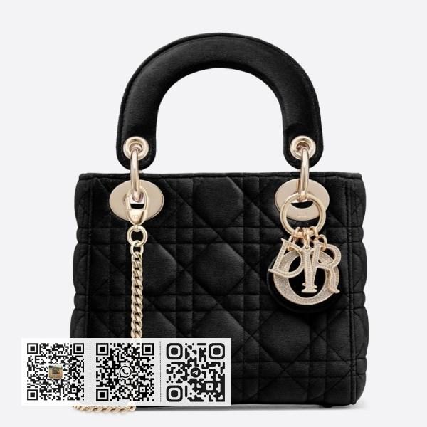 Dior 迷你 Lady Dior 黑色天鹅绒链条包