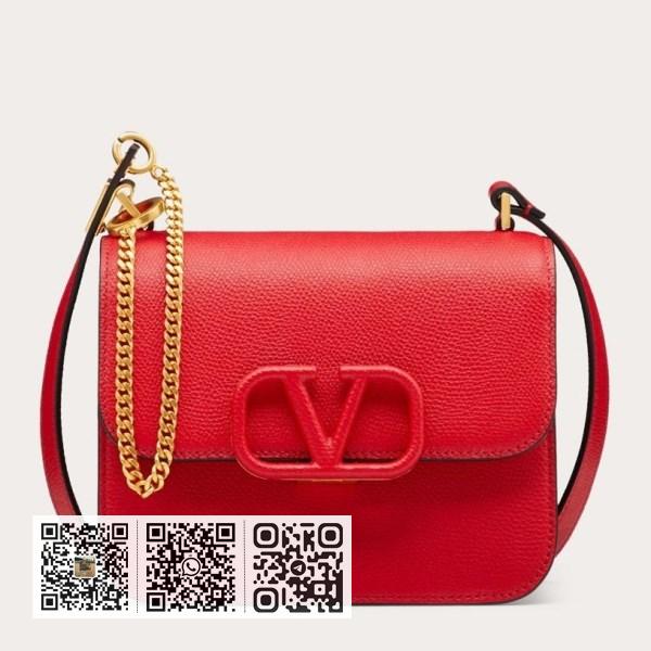Valentino 小号红色粒面皮革 Vsling 单肩包