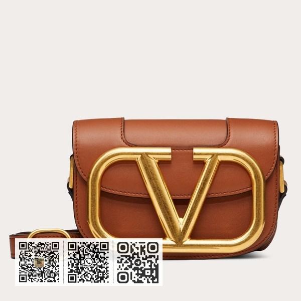 Valentino 小号 Supervee 棕色皮革斜背包