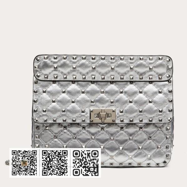 Valentino Rockstud Spike 中型银色金属色小羊皮包
