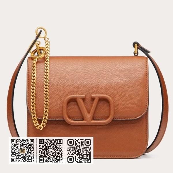 Valentino 小号棕色粒面皮革 Vsling 单肩包