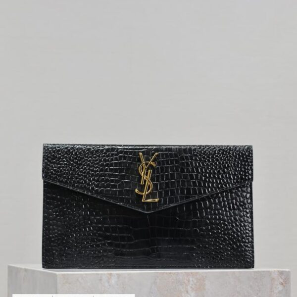 SAINT LAURENT 黑色鳄鱼纹 金扣Uptown 新品手拿包