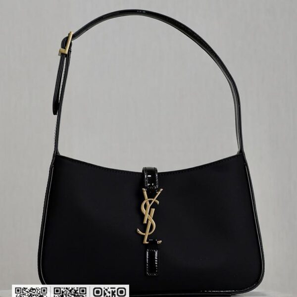 SAINT LAURENT LE 5A7 Bag黑色牛筋缎面配漆皮 腋下包