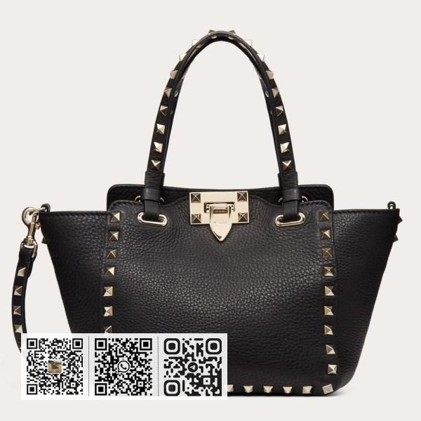 Valentino 黑色粒面小牛皮迷你 Rockstud 托特包