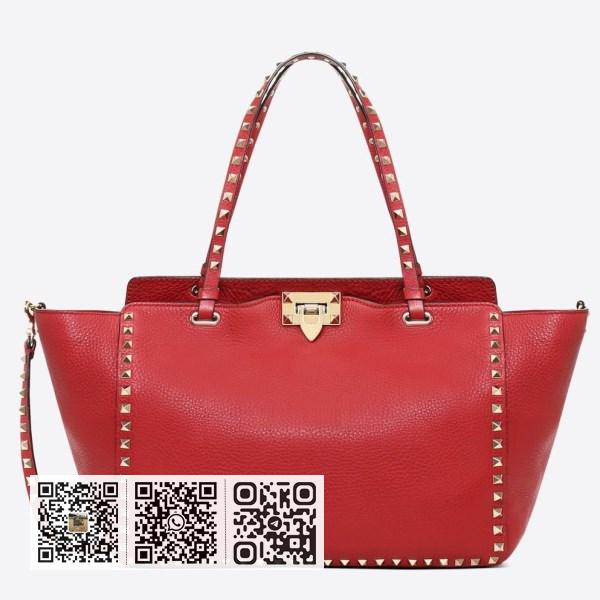 Valentino 中号红色粒面小牛皮 Rockstud 托特包