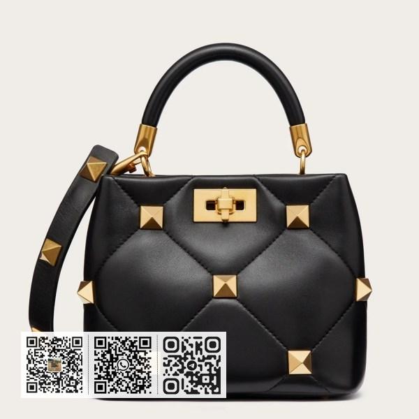 Valentino 小号黑色纳帕皮罗马铆钉顶部把手包