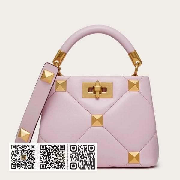 Valentino 粉红纳帕皮小号罗马铆钉顶部把手包