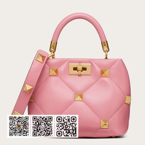 Valentino 小号火烈鸟色小羊皮罗马铆钉顶部提手包
