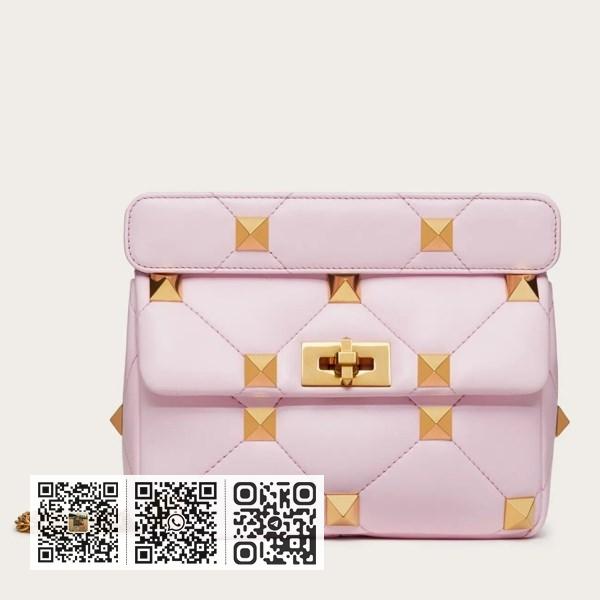 Valentino 中型粉红色纳帕皮罗马铆钉链条包