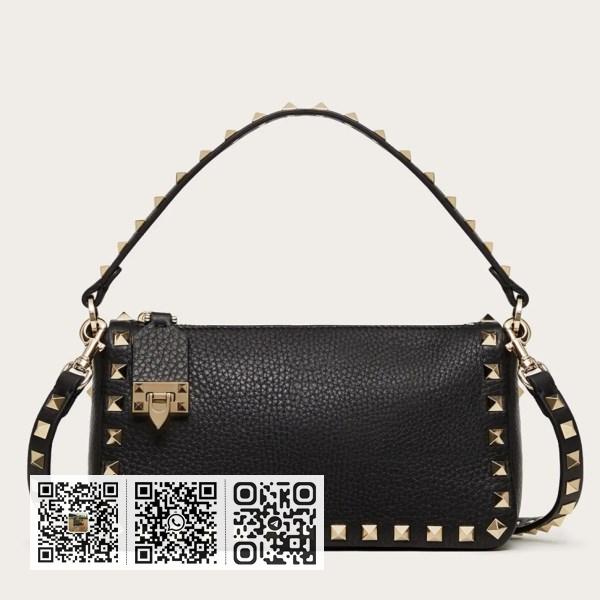 Valentino Rockstud 小号黑色粒面小牛皮斜背包