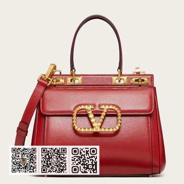 Valentino Rockstud Alcove 中型红色小牛皮手提包