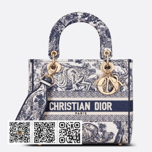 Dior 中 Lady D-Lite 蓝色 Toile de Jouy 刺绣手袋