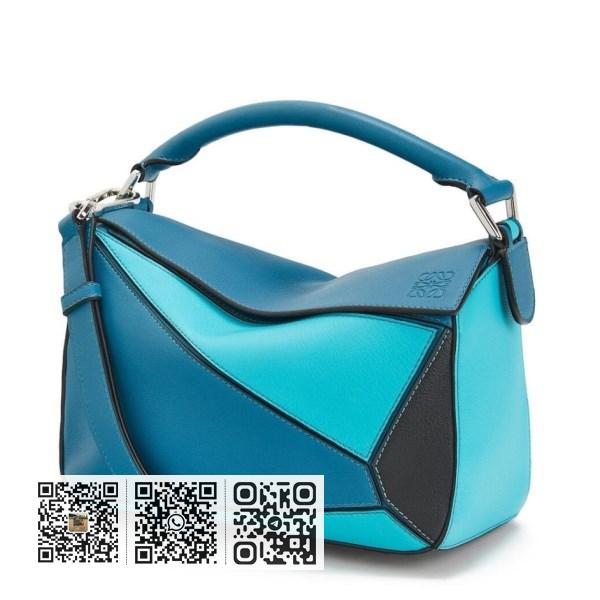 Loewe 小号 Lagoon/黑色/蓝色小牛皮 Puzzle 手袋