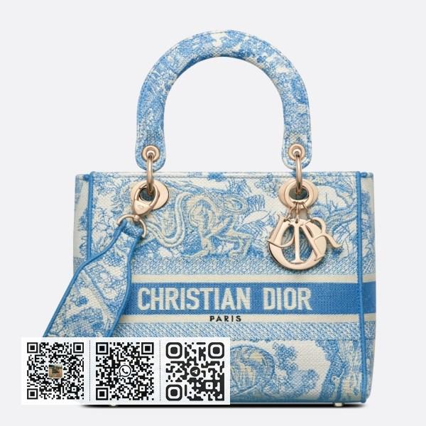 Dior 中 Lady D-Lite 蓝色 Toile de Jouy 帆布包