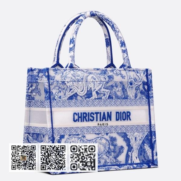 Dior 小号蓝色透明 Toile de Jouy 帆布书本托特包