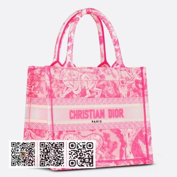 Dior 小号书本托特包，粉红色透明 Toile de Jouy 帆布