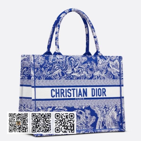 Dior 中型荧光蓝色 Toile de Jouy 反面刺绣书本托特包