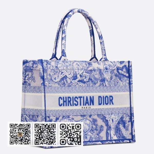 Dior 中型蓝色透明 Toile de Jouy 帆布 Book 托特包
