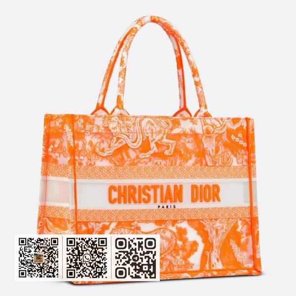 Dior 中型橘色透明 Toile de Jouy 帆布 Book 托特包