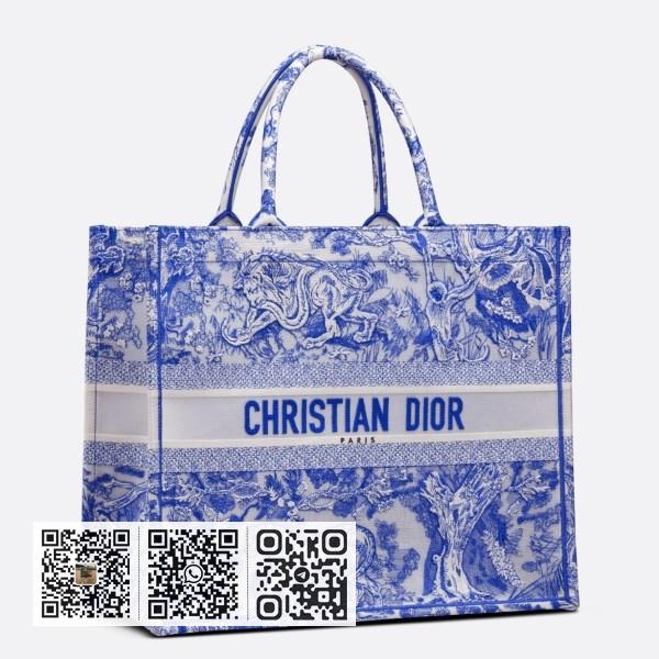 Dior 大号蓝色透明 Toile de Jouy 帆布书本托特包
