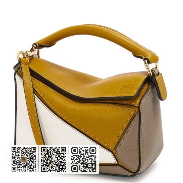 Loewe Puzzle 迷你包，赭色/白色/灰褐色小牛皮
