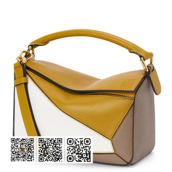 Loewe Puzzle 小号赭色/白色/灰褐色小牛皮手袋