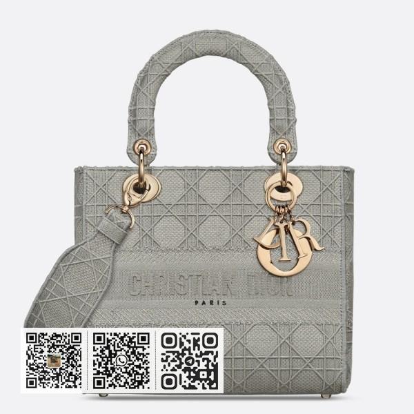 Dior 中号 Lady D-Lite 灰色藤格刺绣包