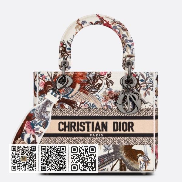 Dior 中号 Lady D-Lite 白色 Jardin d’Hiver 刺绣手袋