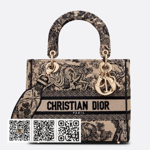 Dior 中 Lady D-Lite 棕色 Toile de Jouy 刺绣手袋