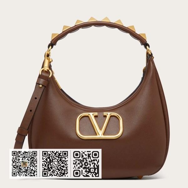 Valentino 深棕色小牛皮铆钉标志 Hobo 包