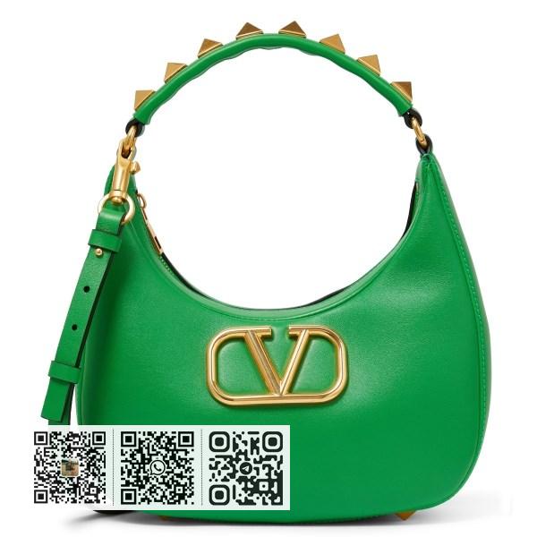 Valentino 铆钉标志绿色小牛皮 Hobo 包
