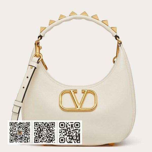 Valentino 铆钉标志白色小牛皮 Hobo 包