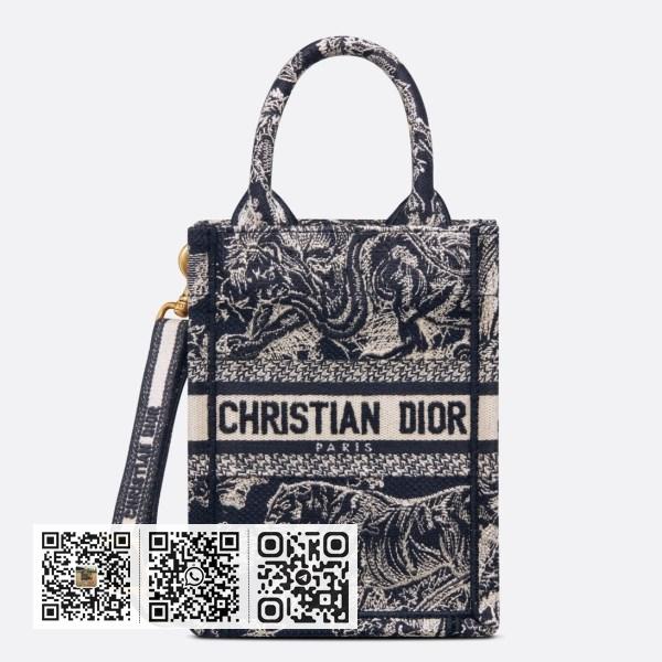 Dior 迷你 Book Tote 蓝色 Toile de Jouy 反面刺绣手机包