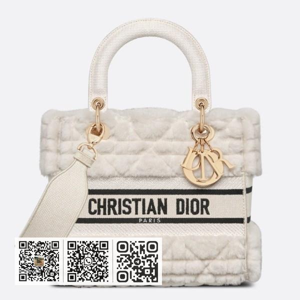 Dior 中号 Lady D-Lite 白色藤格毛羊皮包