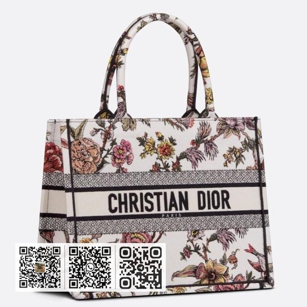 Dior 中型白色多色 Jardin Botanique 刺绣书本托特包