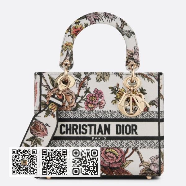Dior 中号 Lady D-Lite 白色 Jardin Botanique 刺绣手袋