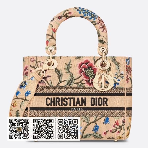 Dior Lady D-Lite 中米色拉菲草手袋，绣有 Dior Petites Fleurs