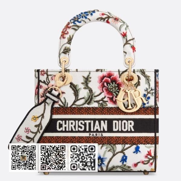 Dior Lady D-Lite 中型白色 Dior Petites Fleurs 刺绣手袋