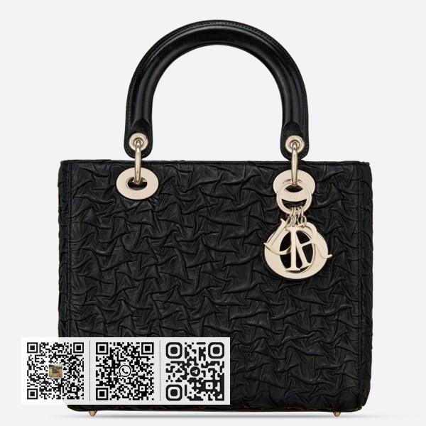 Dior Lady Dior 中型黑色波浪褶皱小羊皮包