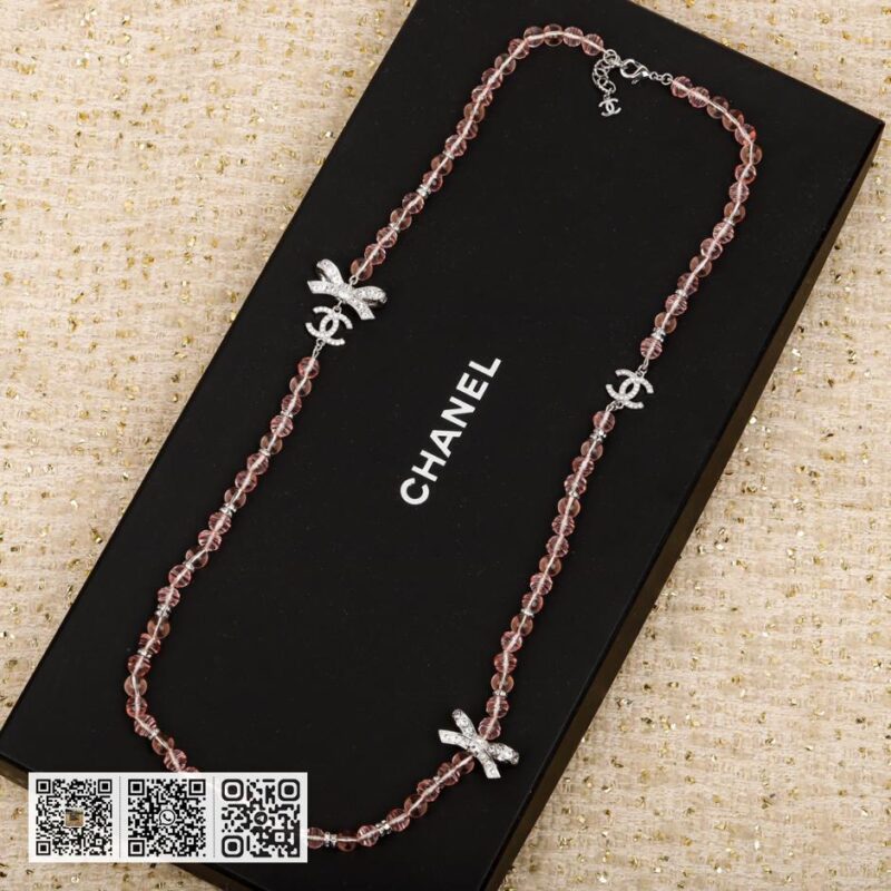 Chanel 蝴蝶结粉红色珍珠毛衣链 - Image 3