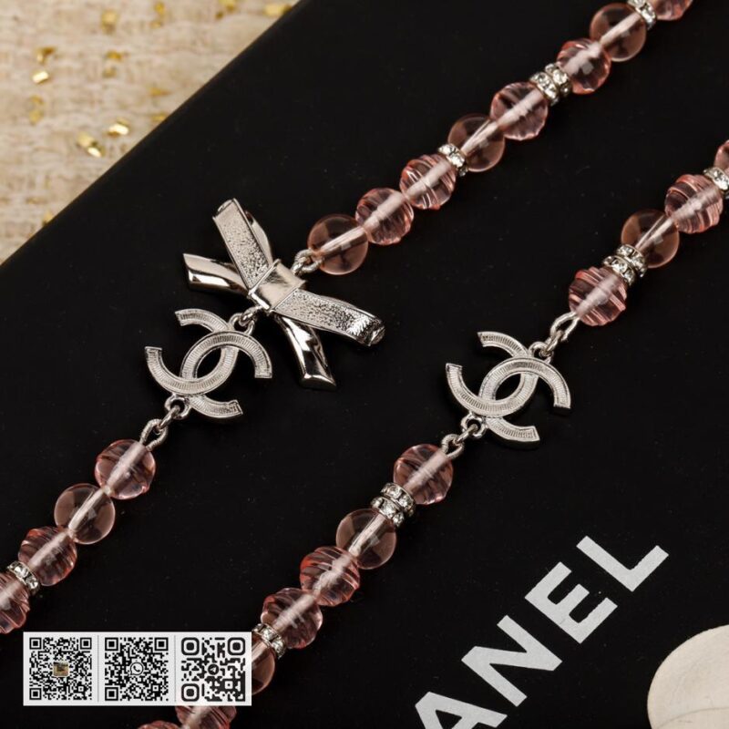 Chanel 蝴蝶结粉红色珍珠毛衣链 - Image 5