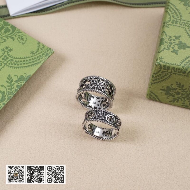通体925纯银 Gucci 互扣式双g镂空花朵戒指 Interlocking G系列(7D44)