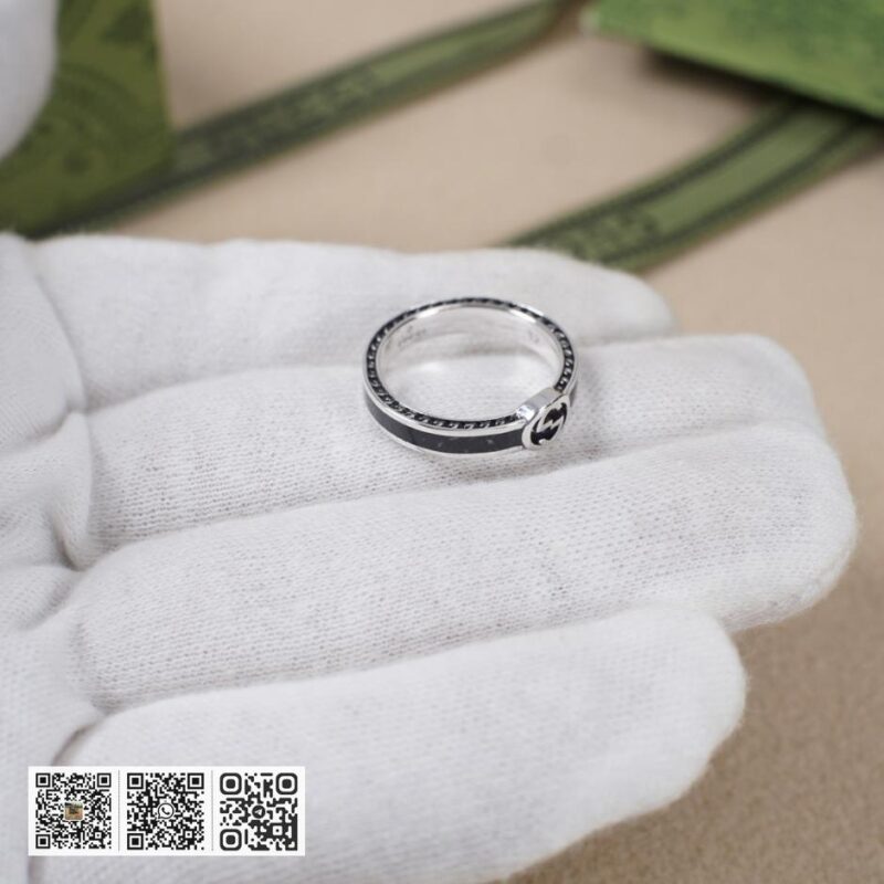 通体925纯银 Gucci 互扣式双g黑色珐琅窄版戒指(0AB8) - Image 6