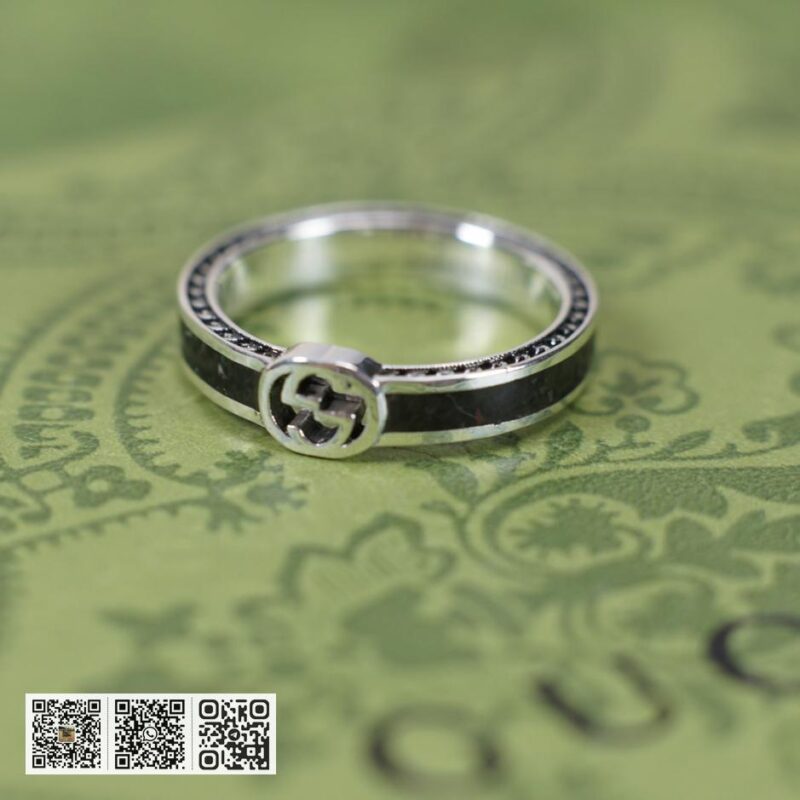 通体925纯银 Gucci 互扣式双g黑色珐琅窄版戒指(0AB8) - Image 8